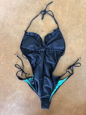 Guess Black Halter Swimsuit with Teal Polka-Dot Lining